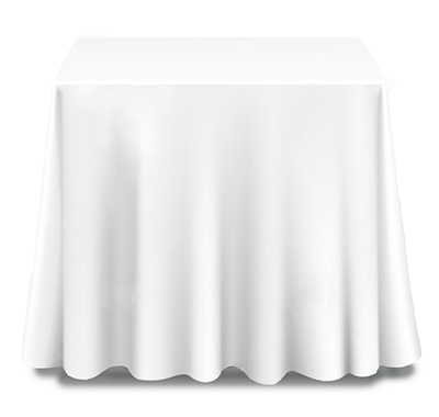 A white square tablecloth made from polyester
